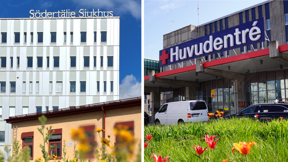 Fasadbilder på Södertälje sjukhus och Karolinska i Huddinge.