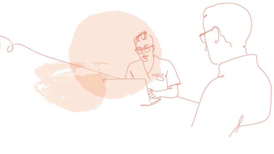 illustration av vårdpersonal som samtalar med man